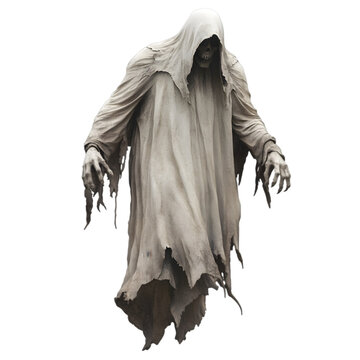 A haunting ghost figure draped in tattered gray shrouds, exuding an eerie presence with long, claw-like hands.