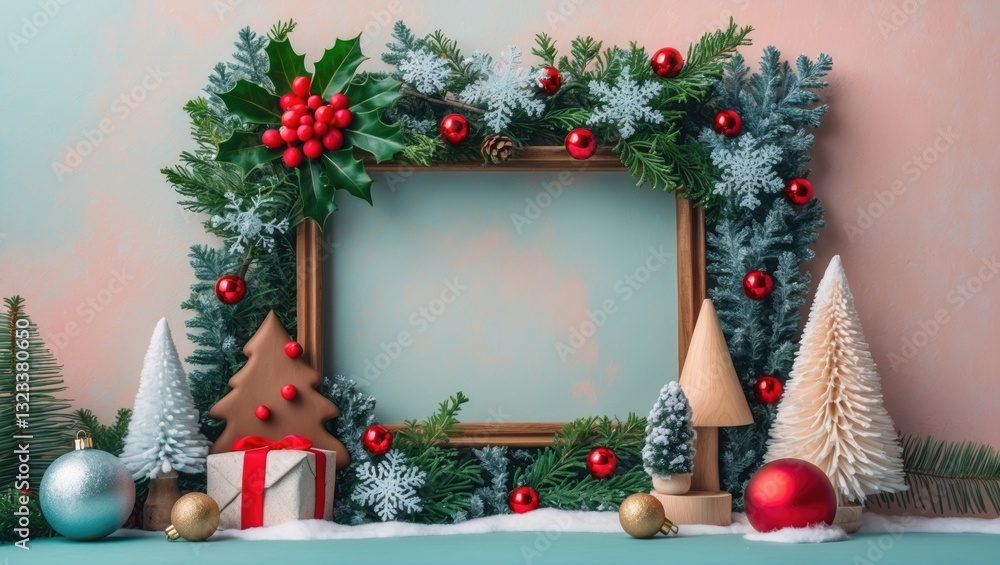 Poster christmas greeting card frame in cool pastel tones featuring a golden frame with holly and ornaments