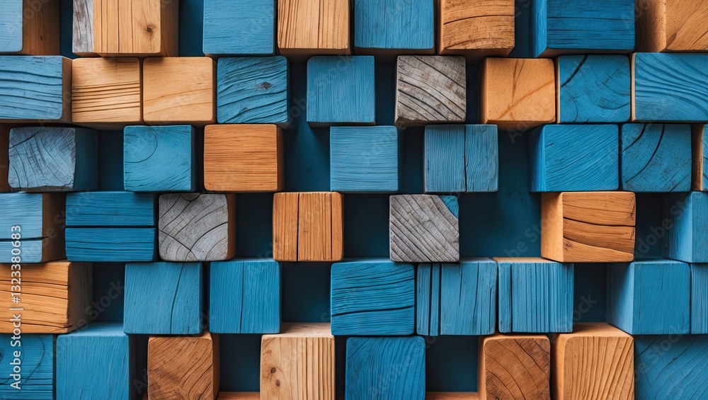 Aufkleber colored mosaic pattern of wooden blocks in blue and natural wood tones, tightly arranged with space 