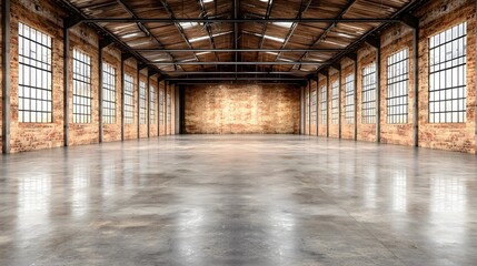 Spacious Industrial Style Empty Warehouse Interior with Exposed Brick Walls and Concrete Floor