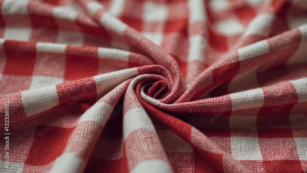 Poster Closeup of red and white checkered fabric displaying texture and folds with a cozy tablecloth appearance in a soft natural light setting