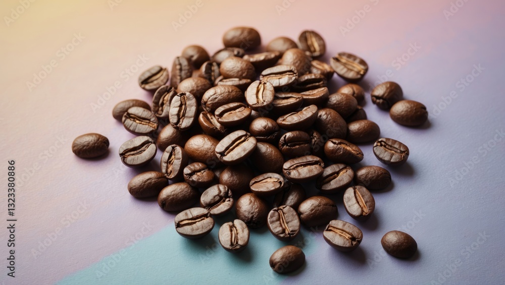 Poster coffee beans scattered on a pastel gradient background with soft hues of blue and pink showcasing th