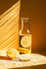 Fototapeta premium A glass bottle filled with water and a slice of lemon. The bottle is placed on a table with a yellow background