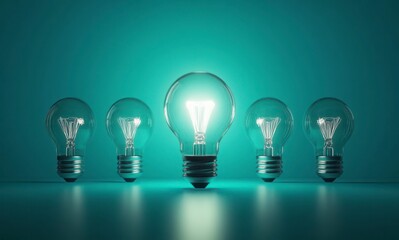 A row of five light bulbs with one of them lit up. The other four are unlit