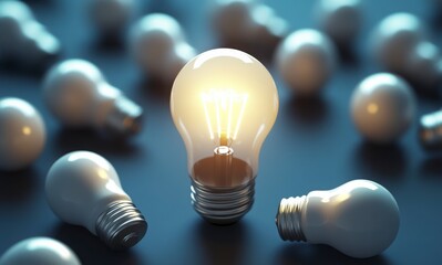 A light bulb is lit up in a group of other light bulbs. The light bulb is the only one that is lit, and it is surrounded by other unlit bulbs. Concept of innovation and progress