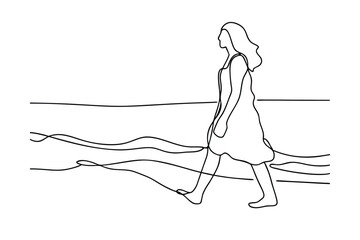 Solitary Woman Walking Barefoot on a Calm Ocean Beach