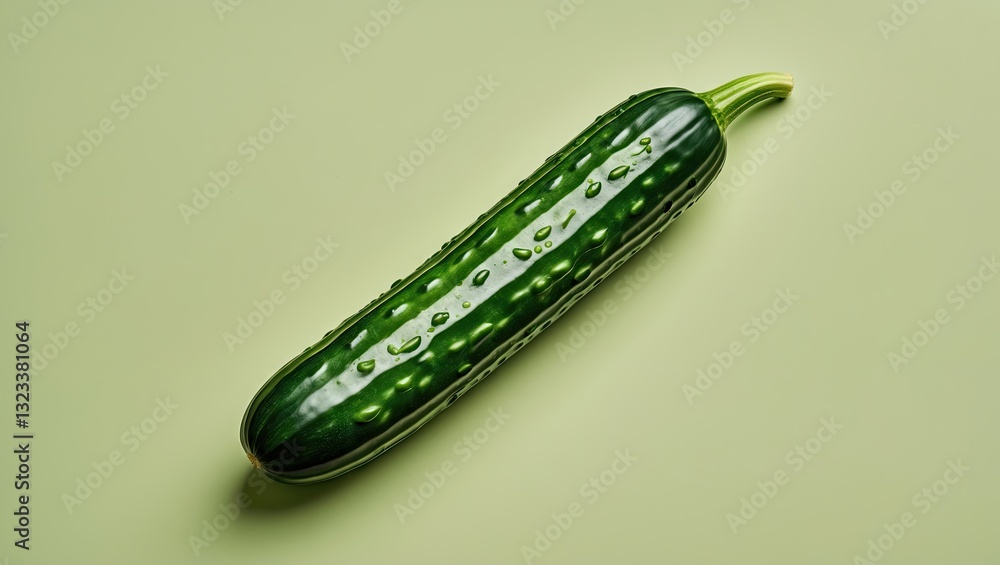 Poster fresh green cucumber with water droplets lying diagonally on a soft pastel green background highligh