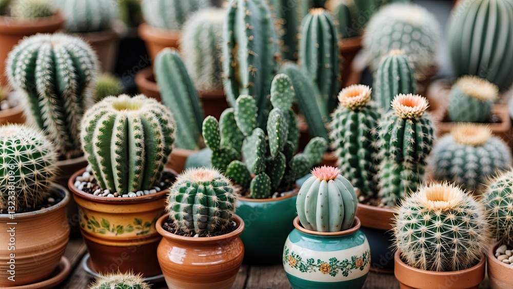 Poster vibrant collection of assorted cacti in various ceramic pots featuring earthy tones and delicate flo