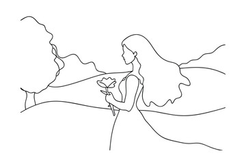 Elegant Woman, SingleLine Drawing, Flower, Landscape, Nature, Minimalist Art, Graceful Pose, Serene,