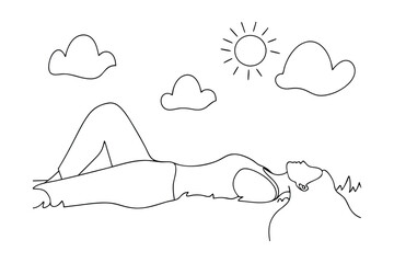 Relaxing Woman in Sunny Meadow One Line Drawing, Nature, Peace, Calm