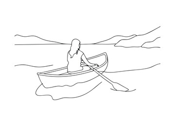 Solitary Woman Rowing Boat on Serene Lake Landscape © Rita
