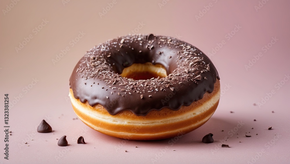 Poster chocolate donut with chocolate glaze and sprinkles on a soft pastel pink background, centered with c