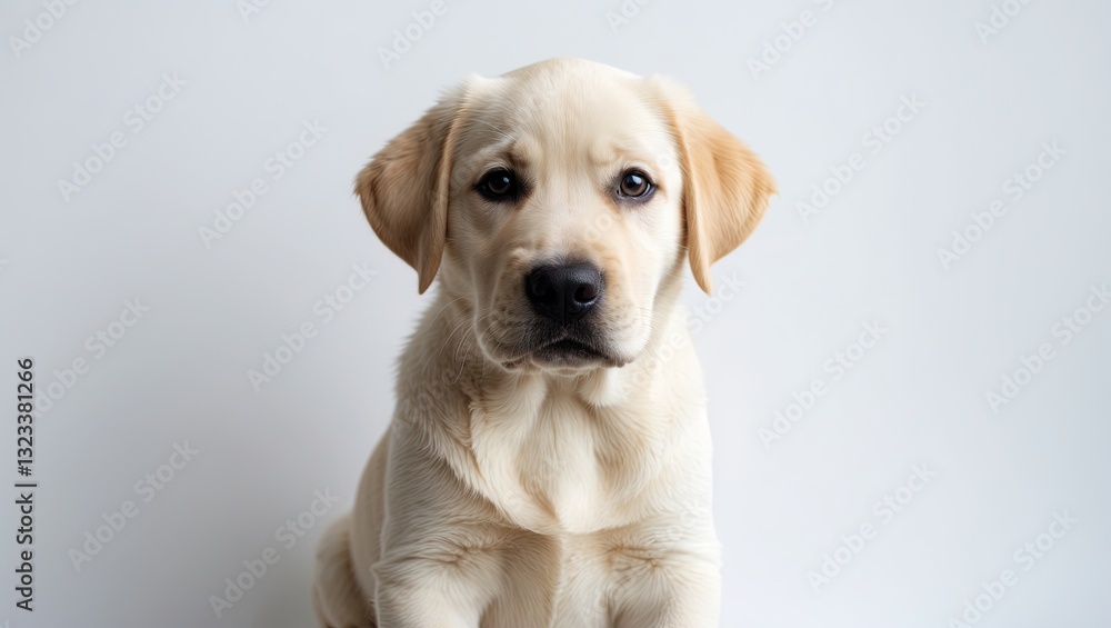 Poster cream labrador retriever puppy sitting upright against a bright white background, looking directly a
