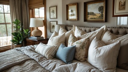 Cozy bedroom with a large elegant bed adorned with multiple textured pillows in neutral tones, soft lighting, and warm wooden accents.