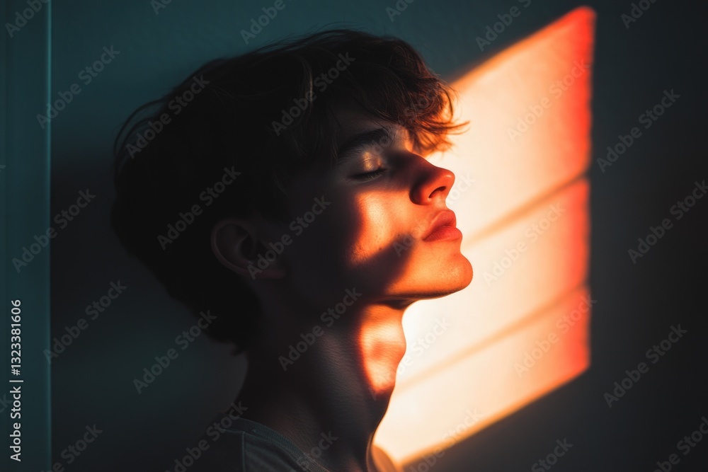 Aufkleber a young man sits with his eyes closed, meditating in front of an open window