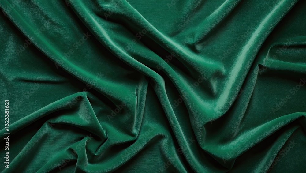 Poster luxurious deep green velvet fabric with rich texture, elegantly draped in soft folds, creating a sop