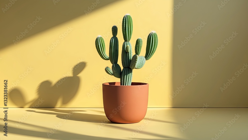 Poster cactus in a terracotta pot with green spikes positioned center-left on soft yellow background castin