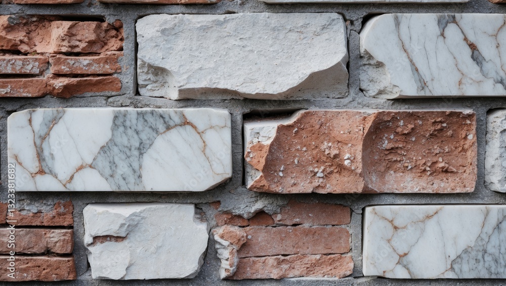 Aufkleber Chipped marble and brick texture in earthy tones of red and white, showcasing irregular patterns and layers in a close-up view.