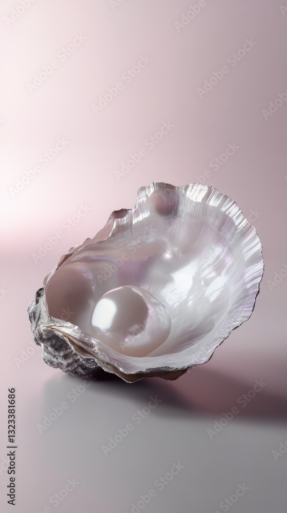 Poster a beautiful shell with a pearl nestled in a soft pink background, perfect for decorative or design u