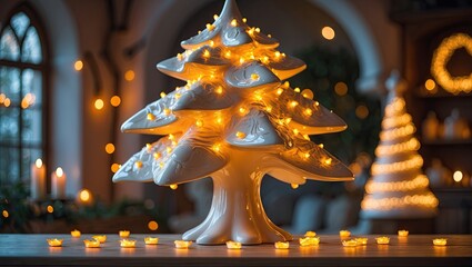 Ceramic Christmas tree with warm yellow lights, elegantly placed on a wooden table in a cozy, softly lit interior with blurred background decorations.