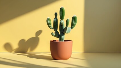 Cactus in a terracotta pot with green spikes positioned center-left on soft yellow background casting shadows creating a minimalist studio aesthetic.