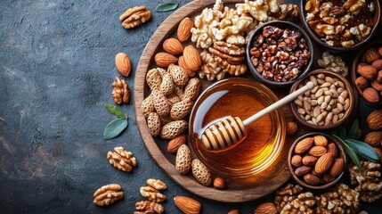 Fototapeta premium Nuts and Honey on Wooden Platter with Dipper