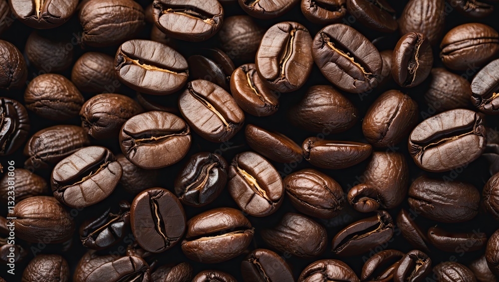 Poster close-up of dark roasted coffee beans spread out evenly with rich brown tones, ample copy space at t