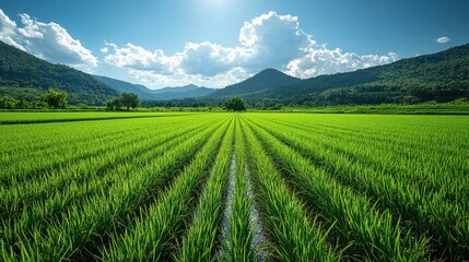 Scenic Green Rice Fields Under Vibrant Sky