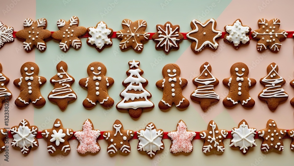 Poster Festive gingerbread cookies arranged in a colorful border featuring various shapes like trees and snowflakes on a pastel background.
