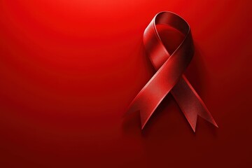 A single red awareness ribbon sits on a red colored backdrop