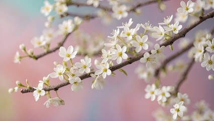 Obraz premium Close-up of delicate small white flowers on a brown branch against a soft pastel pink and blue background representing springtime freshness.