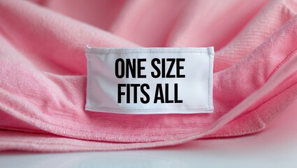 Clothing label reading ONE SIZE FITS ALL centered on a soft pink textile backdrop creating ample copy space for design or text integration.