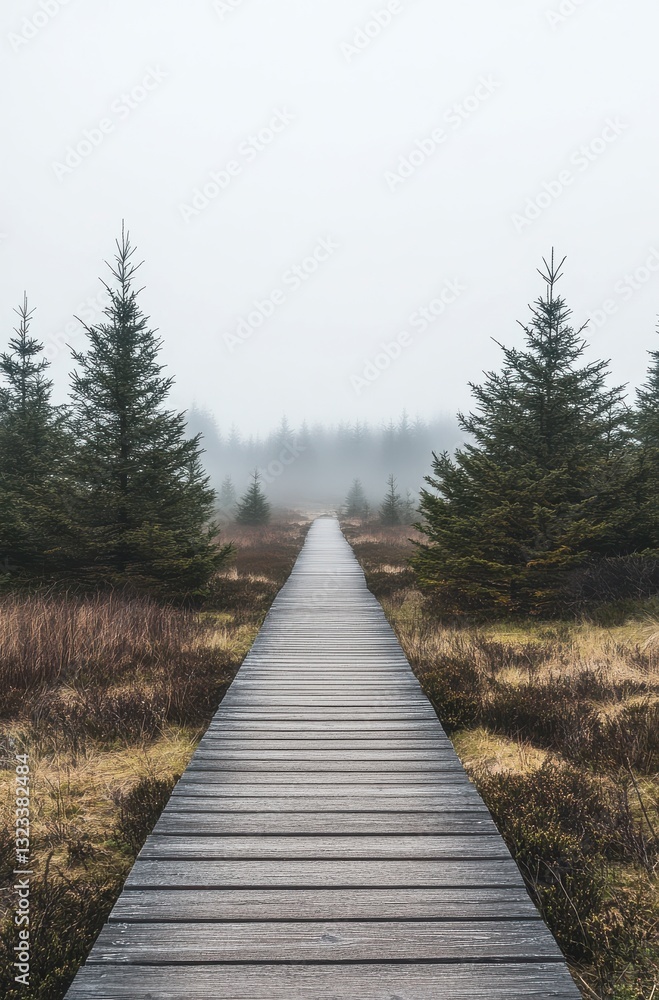 Poster a path through a forest with a bridge over a stream. the bridge is made of wood and is surrounded by