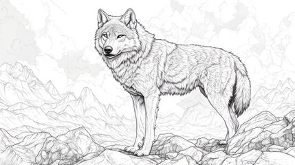 Naklejka premium Majestic wolf standing on mountain peak, cloudy sky background; wildlife art