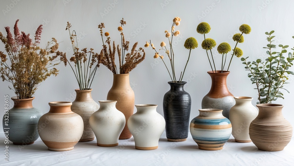 Aufkleber elegant arrangement of ceramic vases in various shapes and colors with flowers on a light background