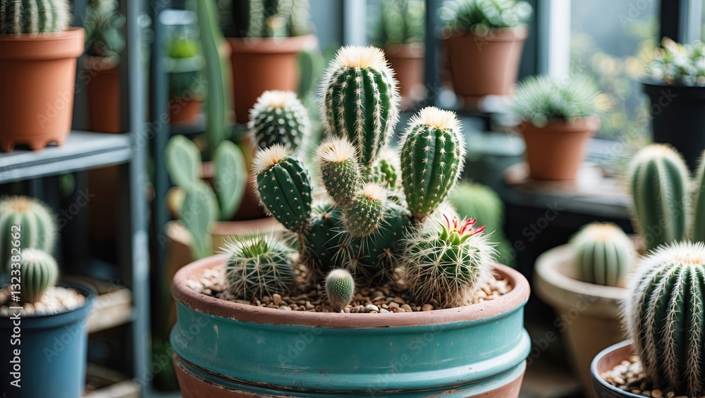 Poster indoor garden featuring a large green cactus container surrounded by various smaller pots with cacti
