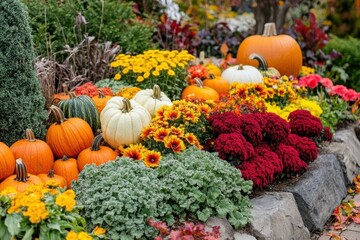 Autumn garden display featuring vibrant pumpkins and flowers outdoor setting seasonal decor colorful landscape inviting perspective celebrating fall harvest