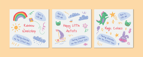 Set of hand-drawn playful doodles with rainbow, dinosaur, rabbit, frog, boat, sun, clouds, kite, stars, balloons, fish, butterfly, and decorative elements. Fun children's painting workshop invitation