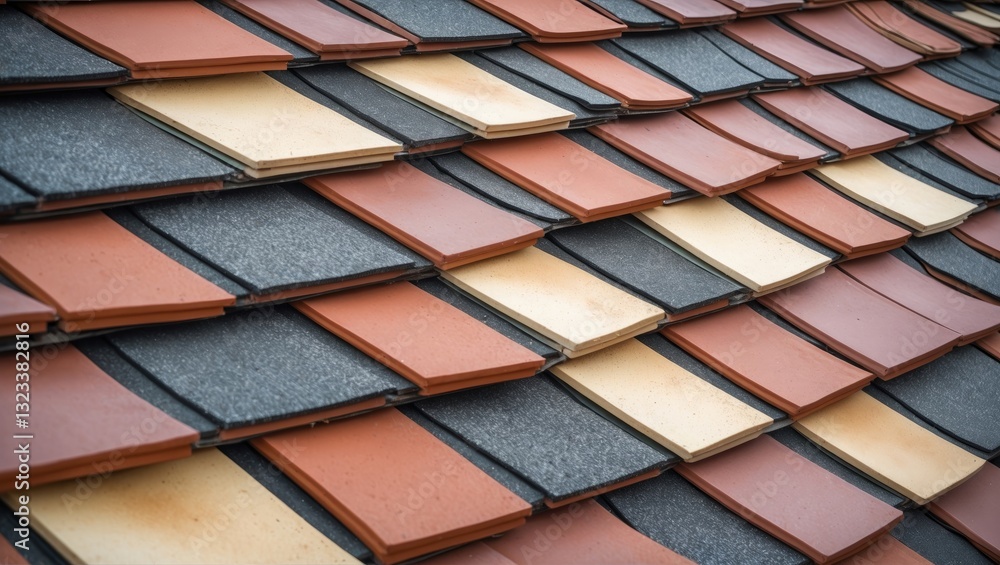 Poster close-up view of interlocking ceramic shingles on a house rooftop showcasing earthy tones of red, or