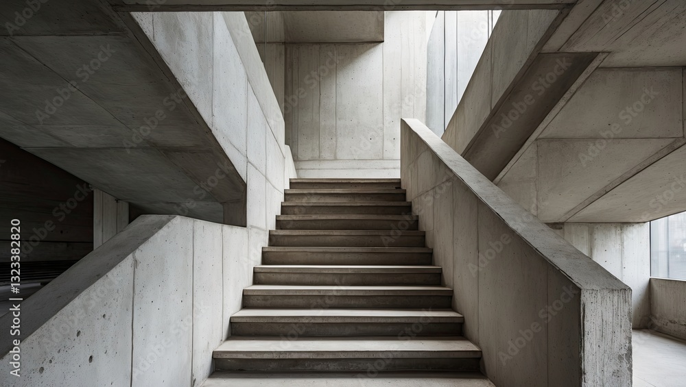 Poster modern concrete stairway with sharp angles and minimalistic design, featuring grey tones and natural