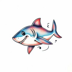 Obraz premium Smiling Shark Illustration: A cheerful cartoon shark with a big, toothy grin swims through the water, its playful expression radiating happiness. 