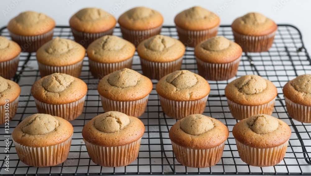 Poster Cooling rack filled with golden muffins arranged in neat rows on a white background with ample copyspace for text or branding.
