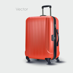 Luggage suitcase, travel bag vector. Luggage case for travel. Tourist bag for vacation. Airport carry-on briefcase on wheels. Plastic travel trolley with handle