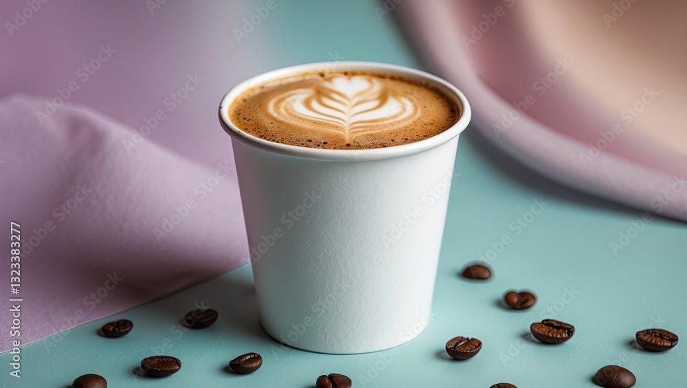 Poster close-up of a white paper coffee cup with latte art surrounded by coffee beans on a pastel blue and 