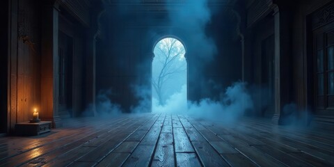 Fototapeta premium A dimly lit, antique hallway with wooden floors and a singular candle, leading to an arched doorway revealing a misty outdoor scene with a lone tree
