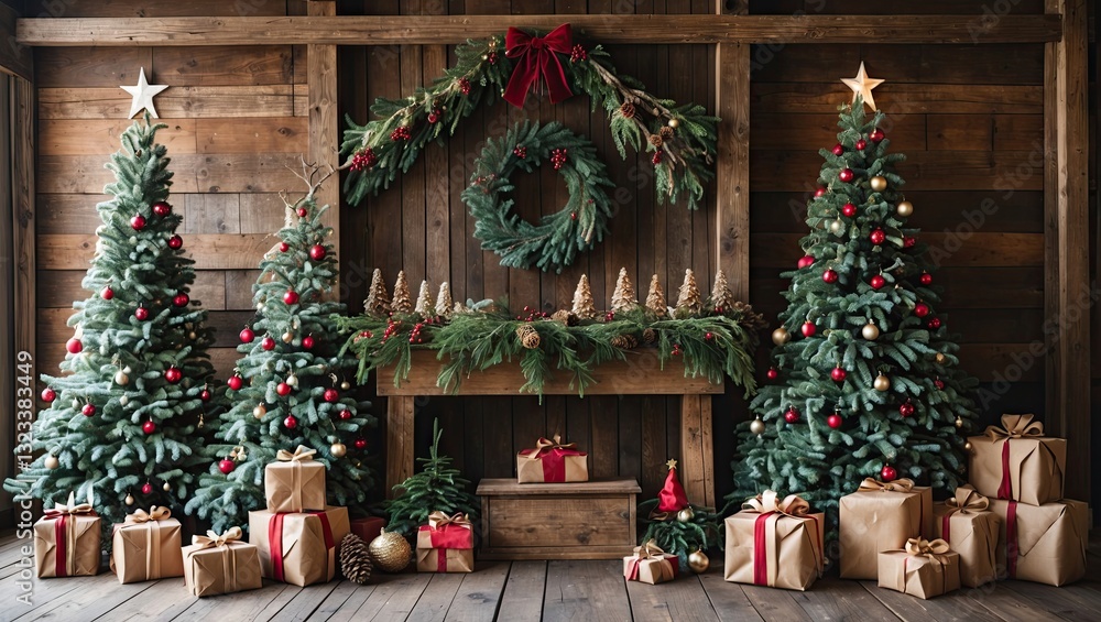 Aufkleber rustic christmas backdrop featuring two decorated evergreen trees with red ornaments and a wooden ma