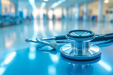 Stethoscope close-up hospital room medical equipment clean environment focused viewpoint health concept