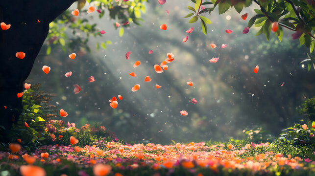 
A vibrant springtime scene with Palash and Shimul petals floating in the air, carried by the gentle Phalgun breeze,
