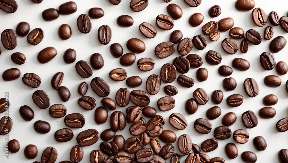 Poster brown coffee beans scattered across a white background with varying shades of dark and light brown c