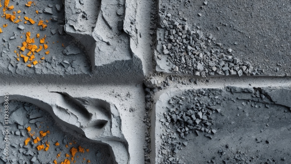 Poster gray concrete texture with rough patterns and orange specks, featuring blocks intersecting at a cent